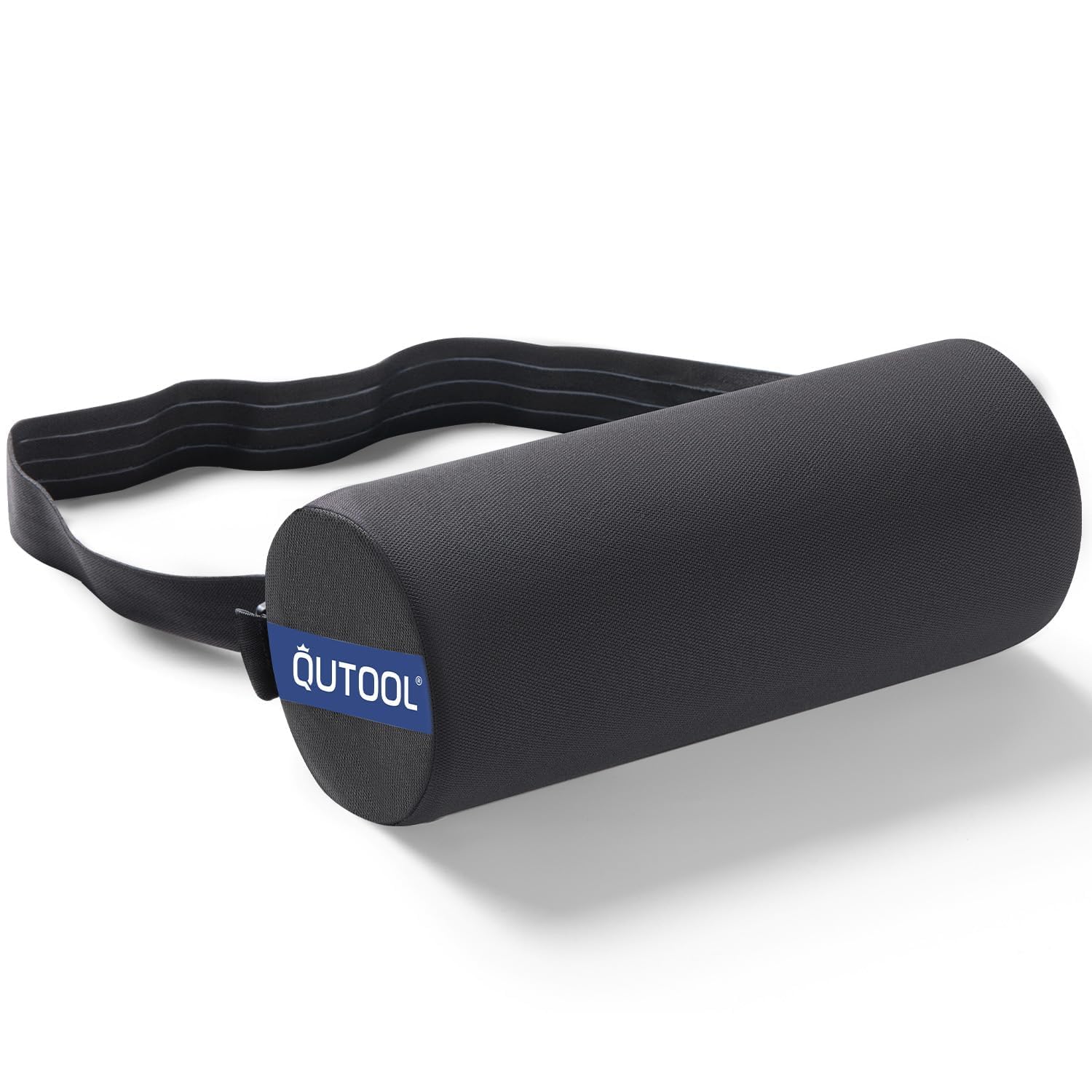 QUTOOL Lumbar Roll secured on office chair with non-slip strap for stable back support.