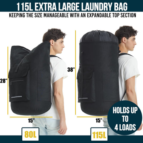 Quovexa Laundry Bag XL expandable top view demonstrates up to 115L.