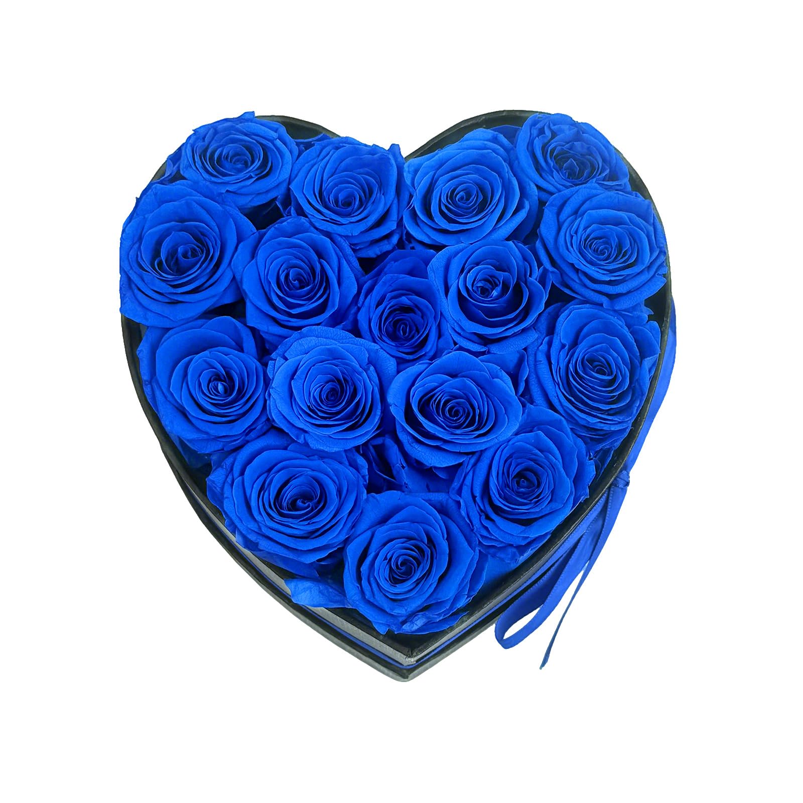 Qutawua blue heart box with 16 roses, ready-to-gift presentation.