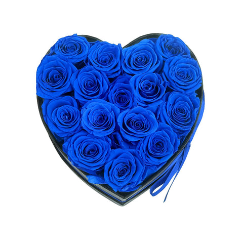 Qutawua blue heart box with 16 roses, ready-to-gift presentation.