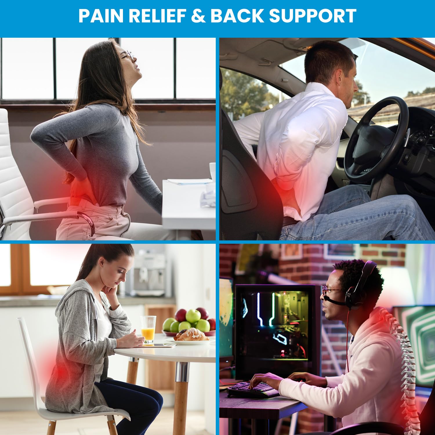 QUTOOL memory foam back support features a high-density core for lasting comfort.