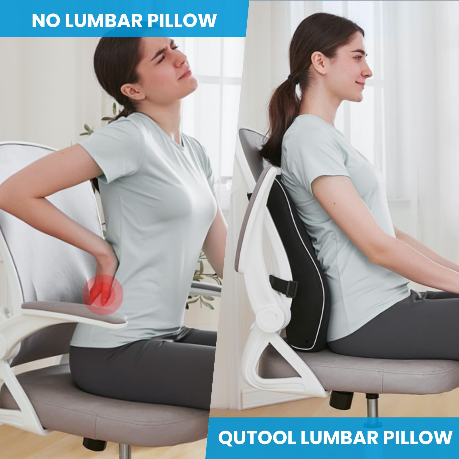 QUTOOL ergonomic lumbar design supports your spine during long work sessions.