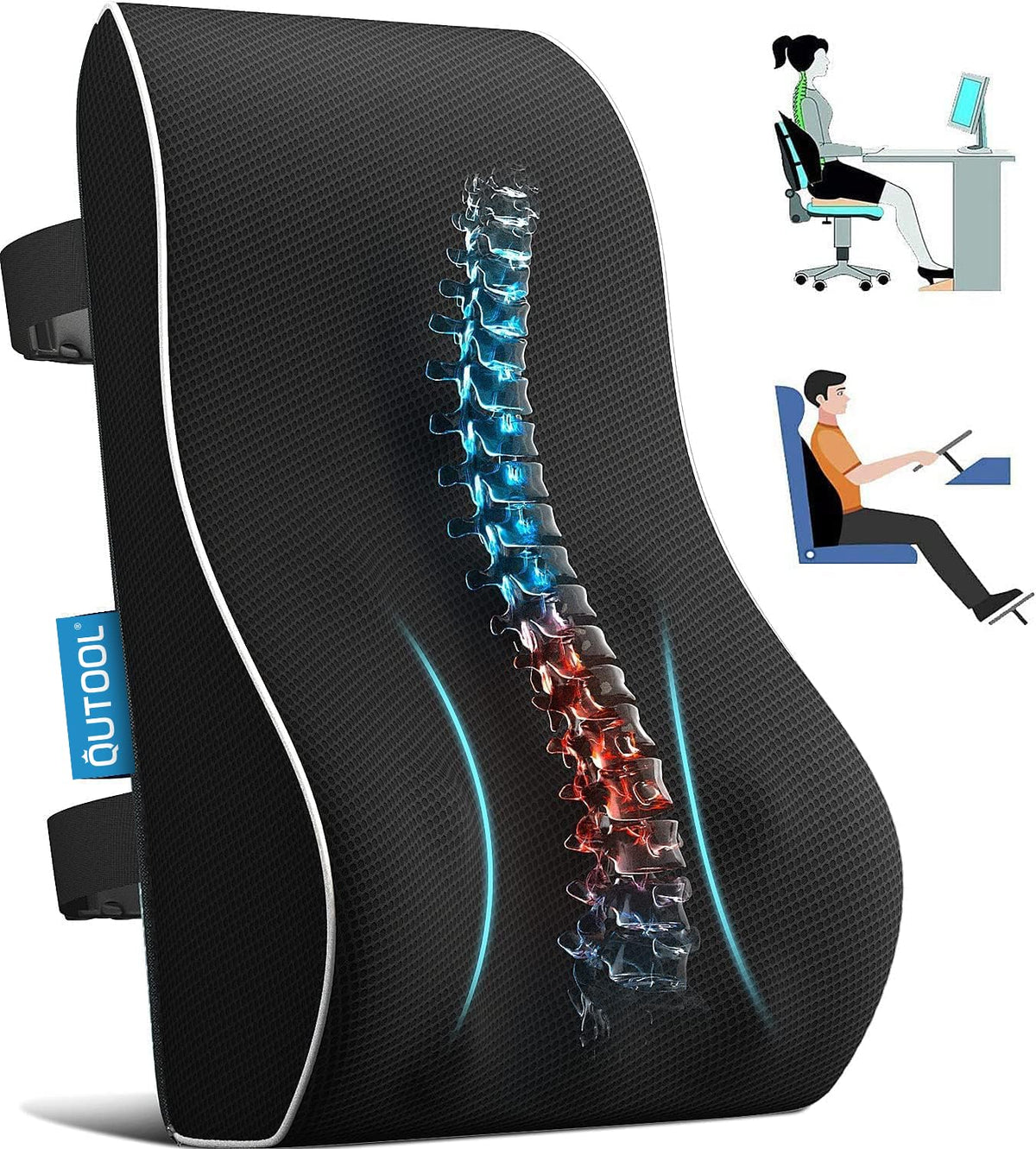 QUTOOL lumbar pillow with extended straps secures to most chairs.