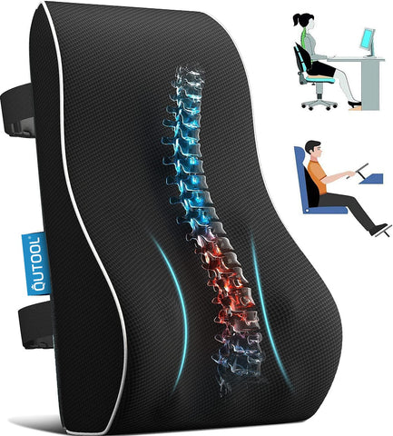 QUTOOL lumbar pillow with extended straps secures to most chairs.