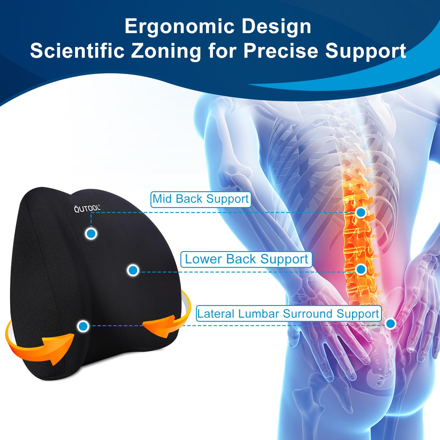 QUTOOL Lumbar Pillow demonstrates compatibility with office, computer, and gaming chairs.