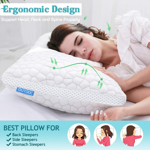 QUTOOL queen-size 2-pack pillows arranged on bed for versatile use