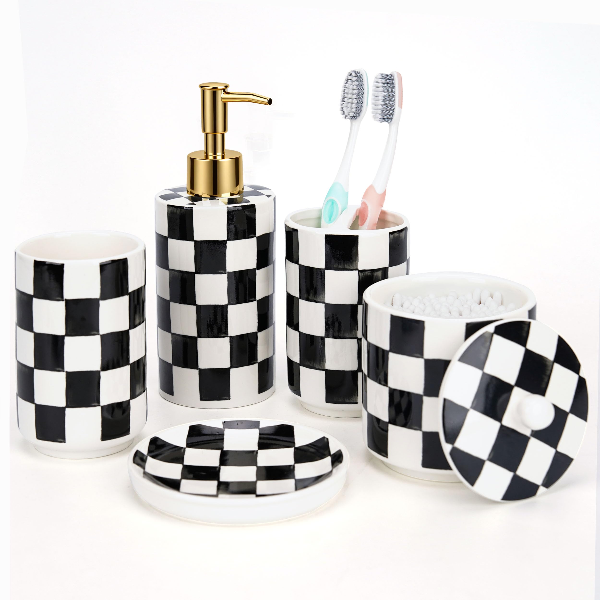 Quuavio ceramic dispenser in black-white checkered pattern for organized bathroom counter