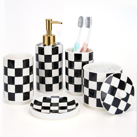 Quuavio ceramic dispenser in black-white checkered pattern for organized bathroom counter
