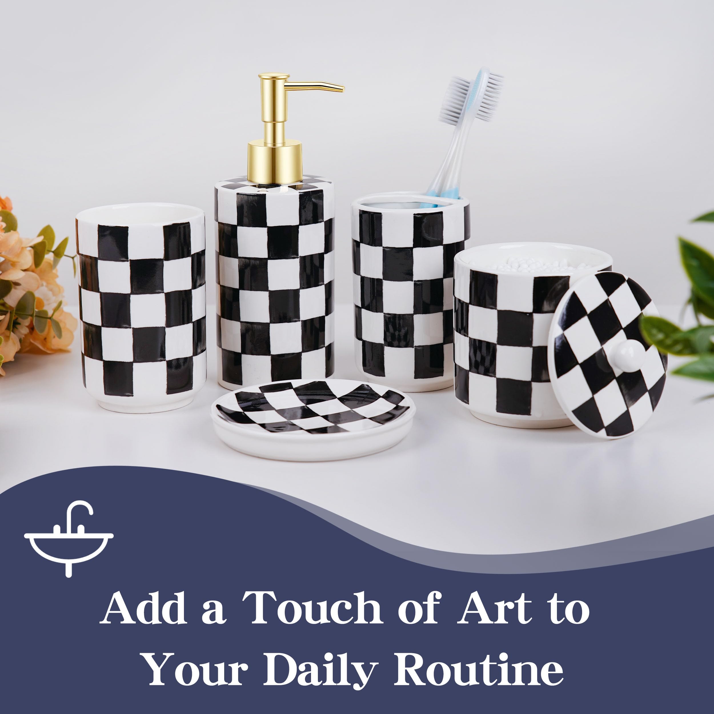 Quuavio toothbrush holder with matching checkered design keeps brushes upright and close at hand