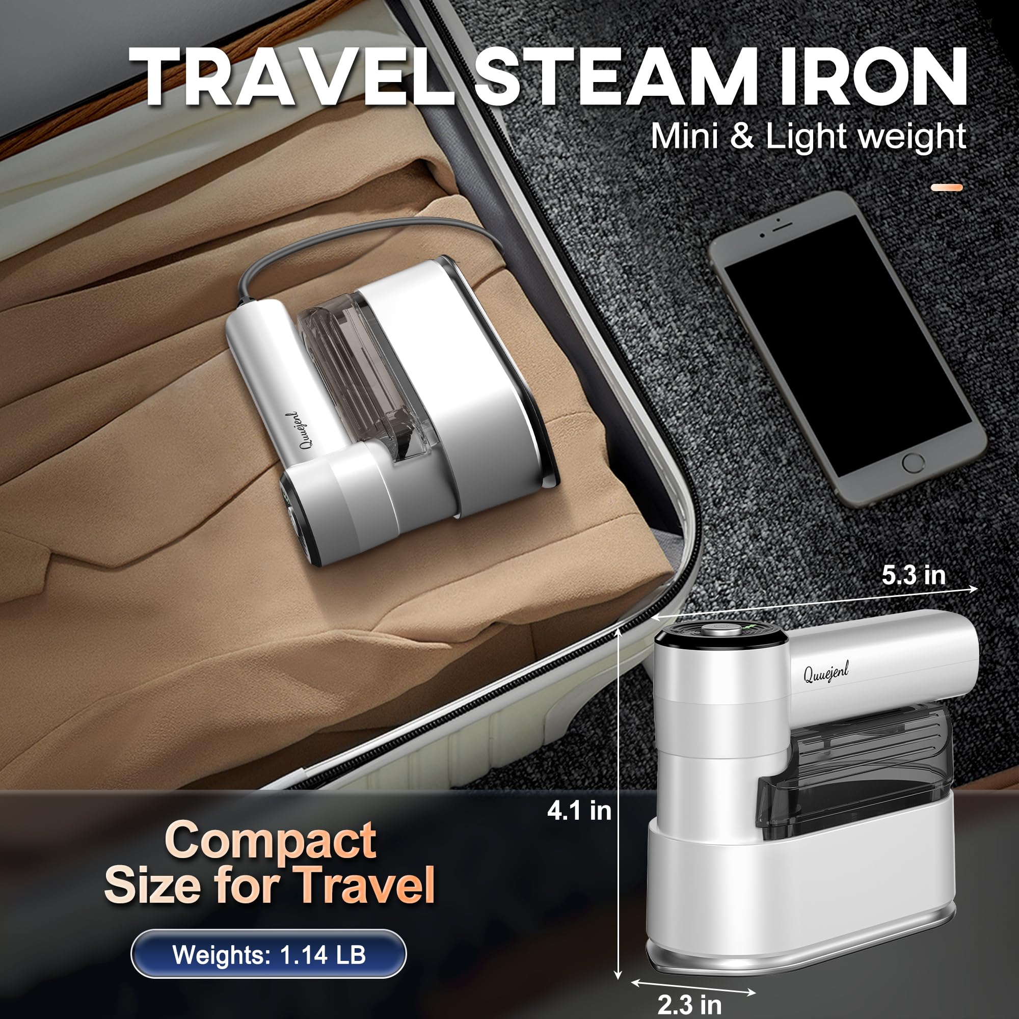 Quuejenl Travel Steamer offers 360-degree access to collars, buttons, and seams.