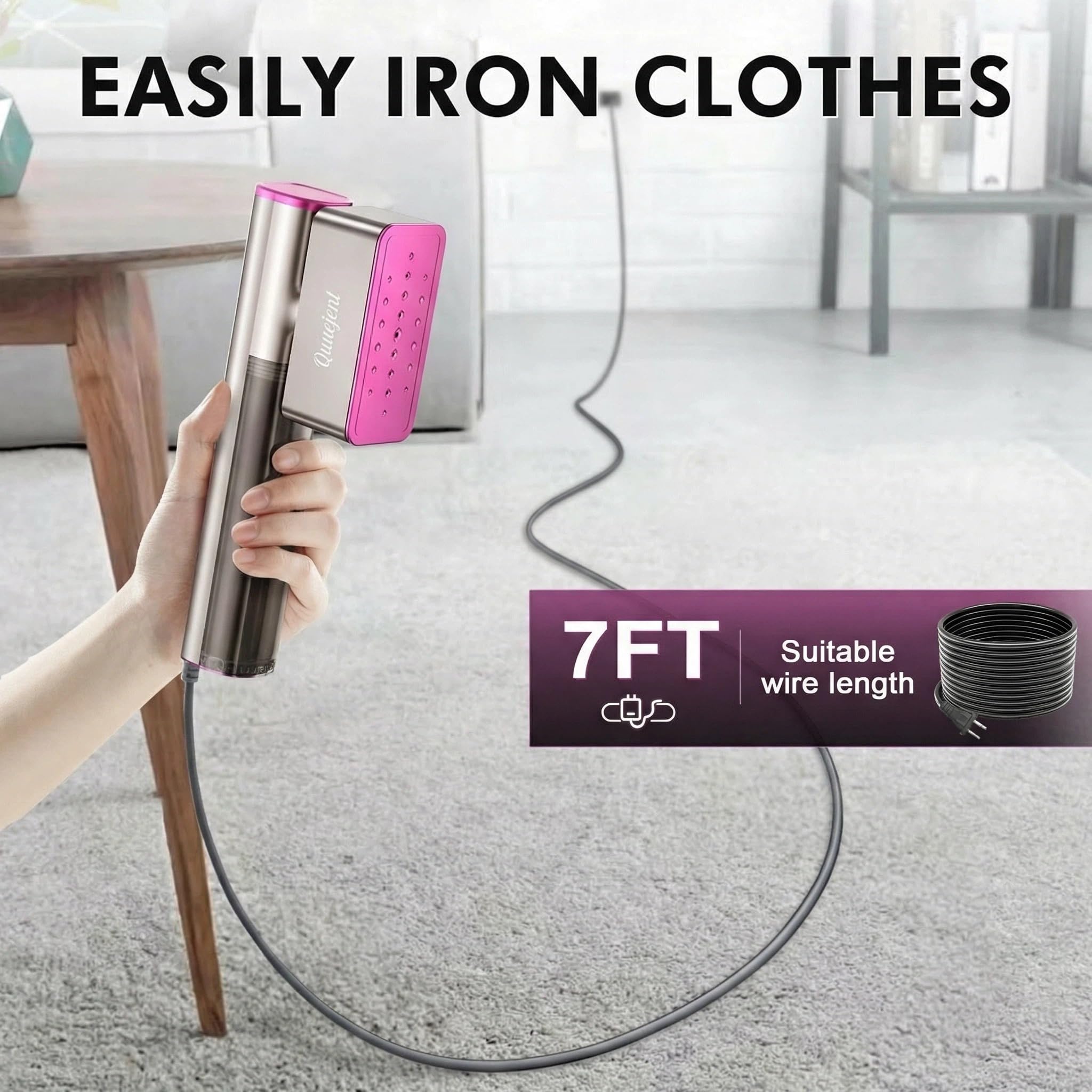 Quuejenl travel-steamer-hanging-mode enables efficient garment ironing on hangers.