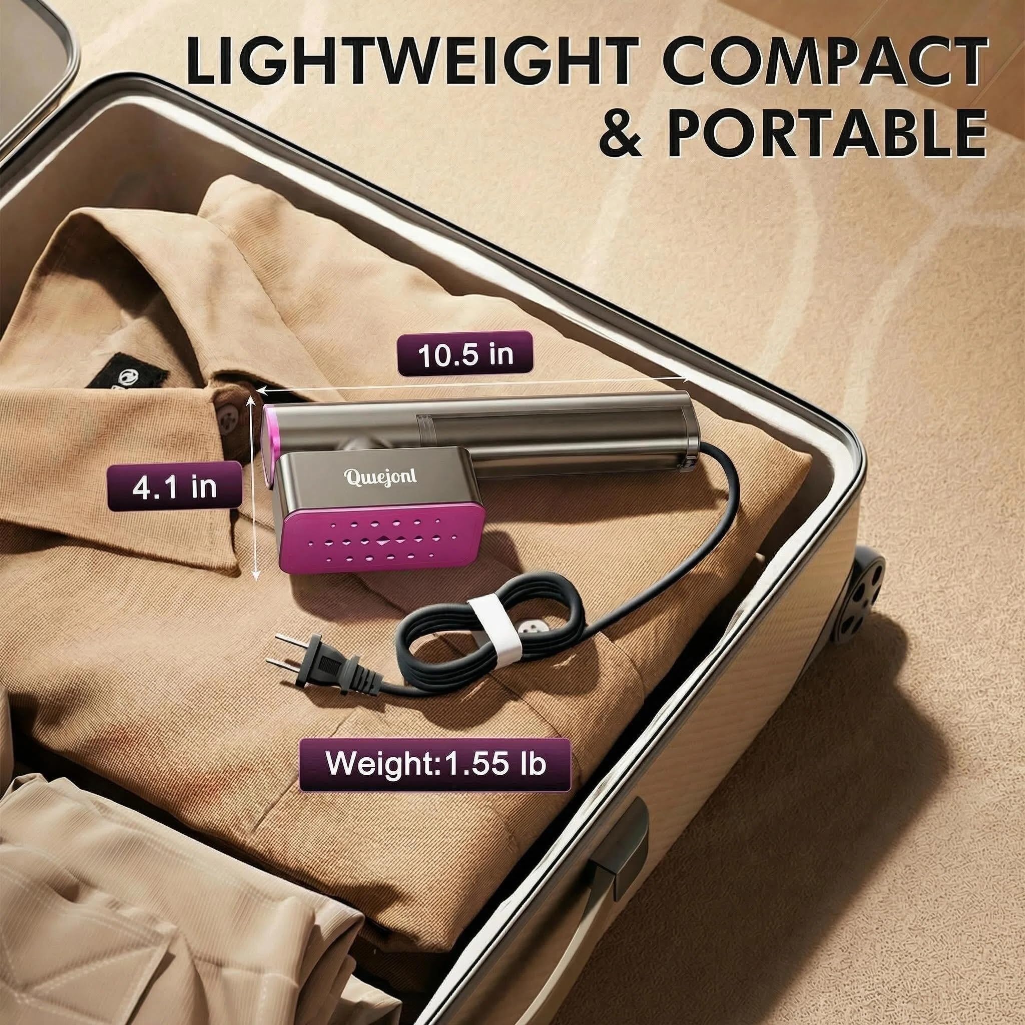 Quuejenl travel-steamer-heat-up-15s heats in seconds for quick touch-ups.