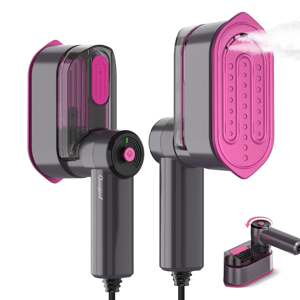 Quuejenl travel steamer main view, showcasing compact 2-in-1 design for easy travel.