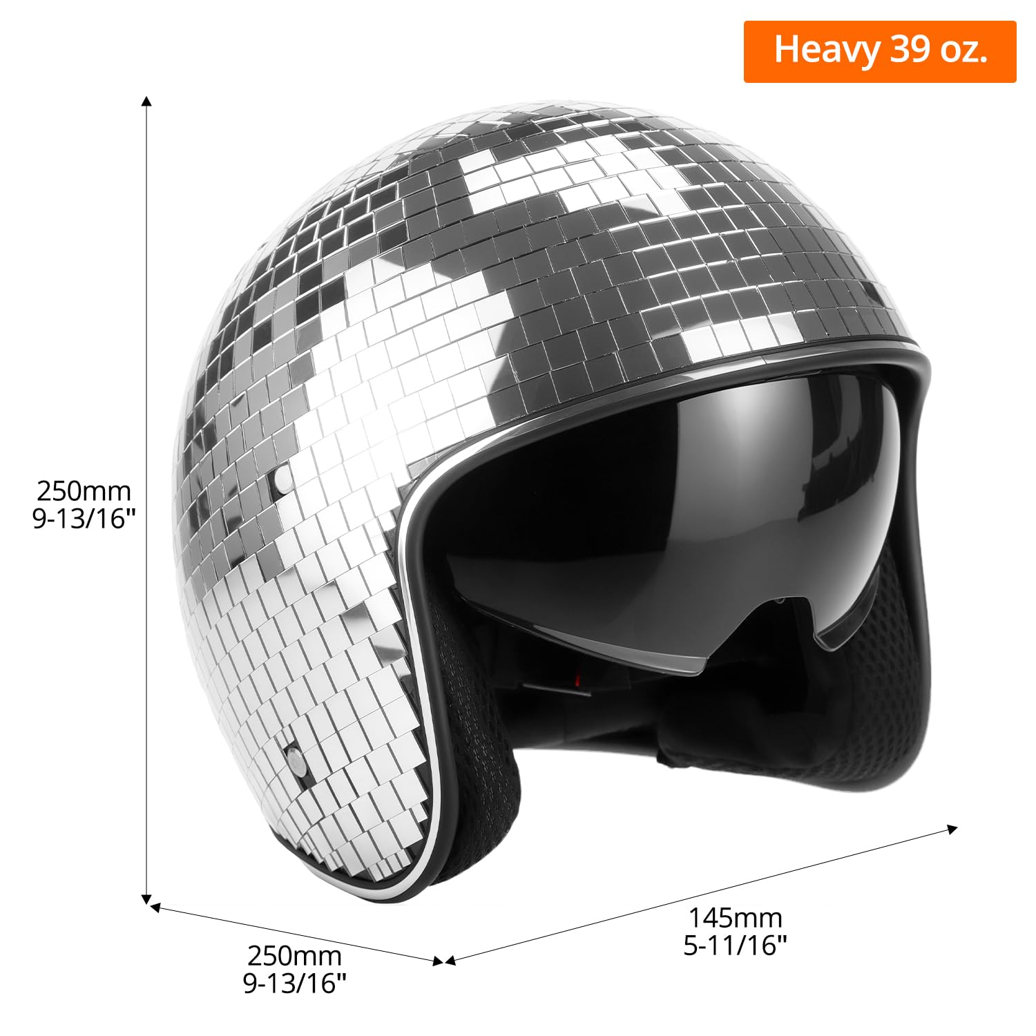 QWORK disco ball helmet with retractable visor offers privacy and sun protection at outdoor events.