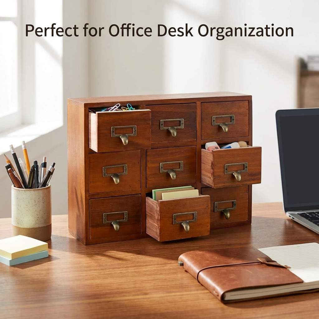 QWORK vintage apothecary cabinet on desk adding classic charm