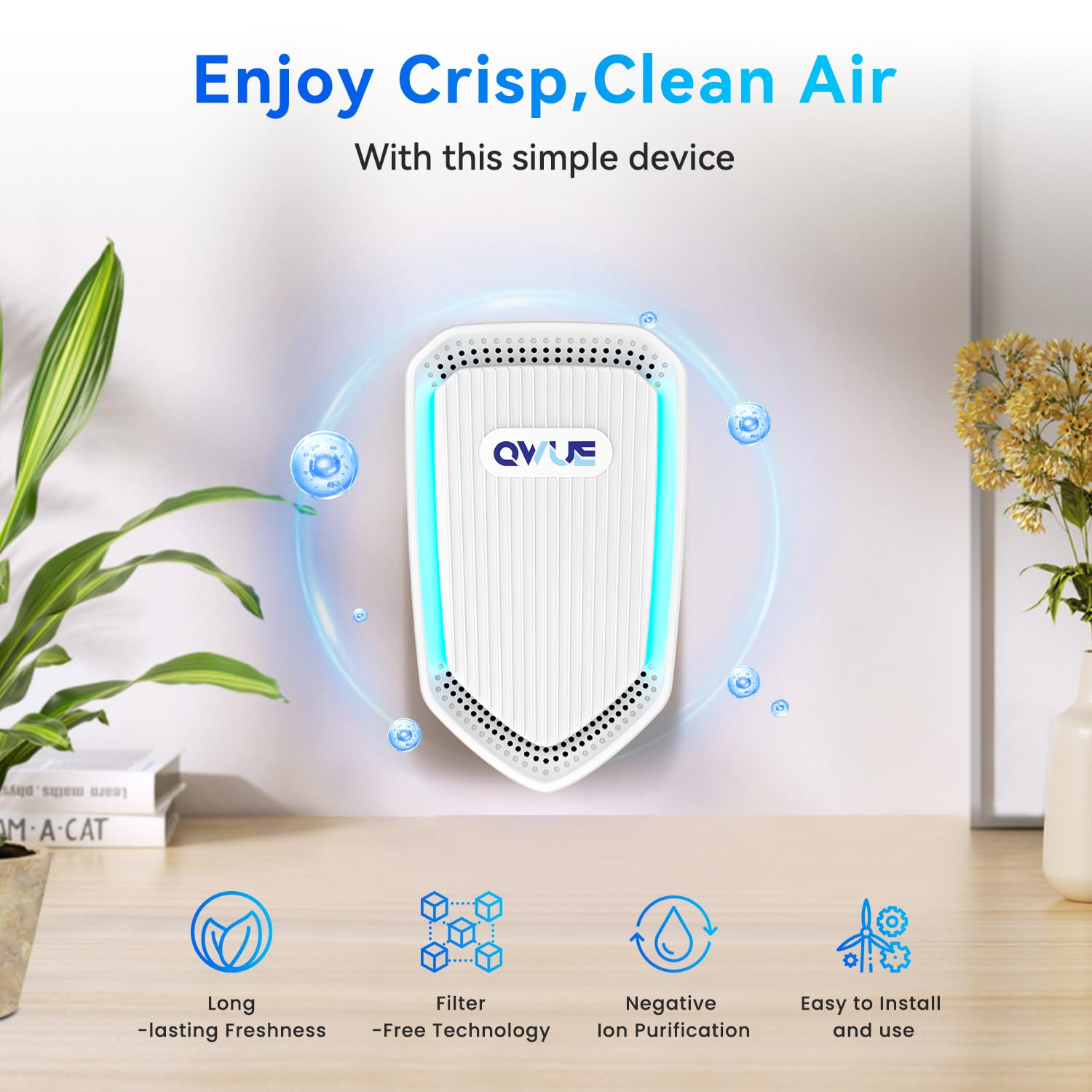 QWUE 6Pack Air Ionizer plug-in bedroom setup, enhancing freshness during rest.