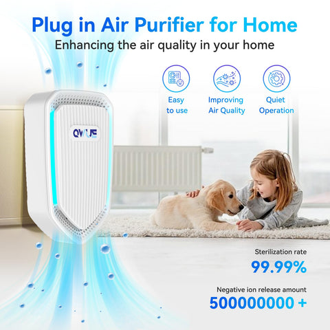 QWUE 6Pack Air Ionizer plug-in in use, quietly purifying air in a home office.