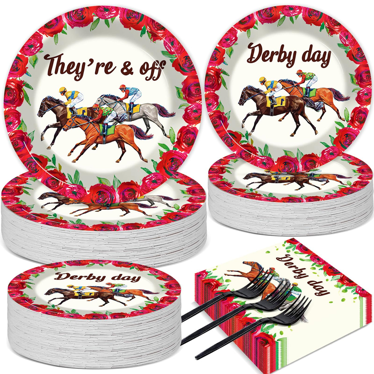 Qyeahkj Derby Day dinner plates with a rose motif for elegant tables and easy cleanup.