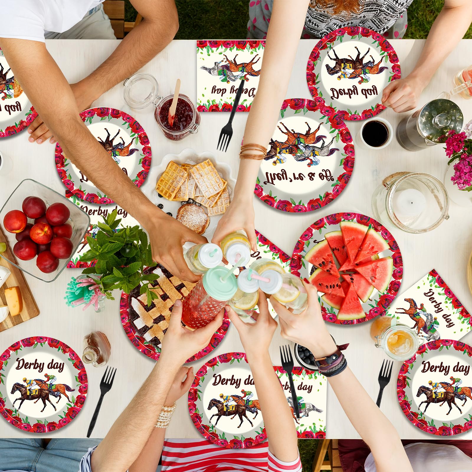 Qyeahkj Derby Day tableware pack simplifies hosting and cleanup.