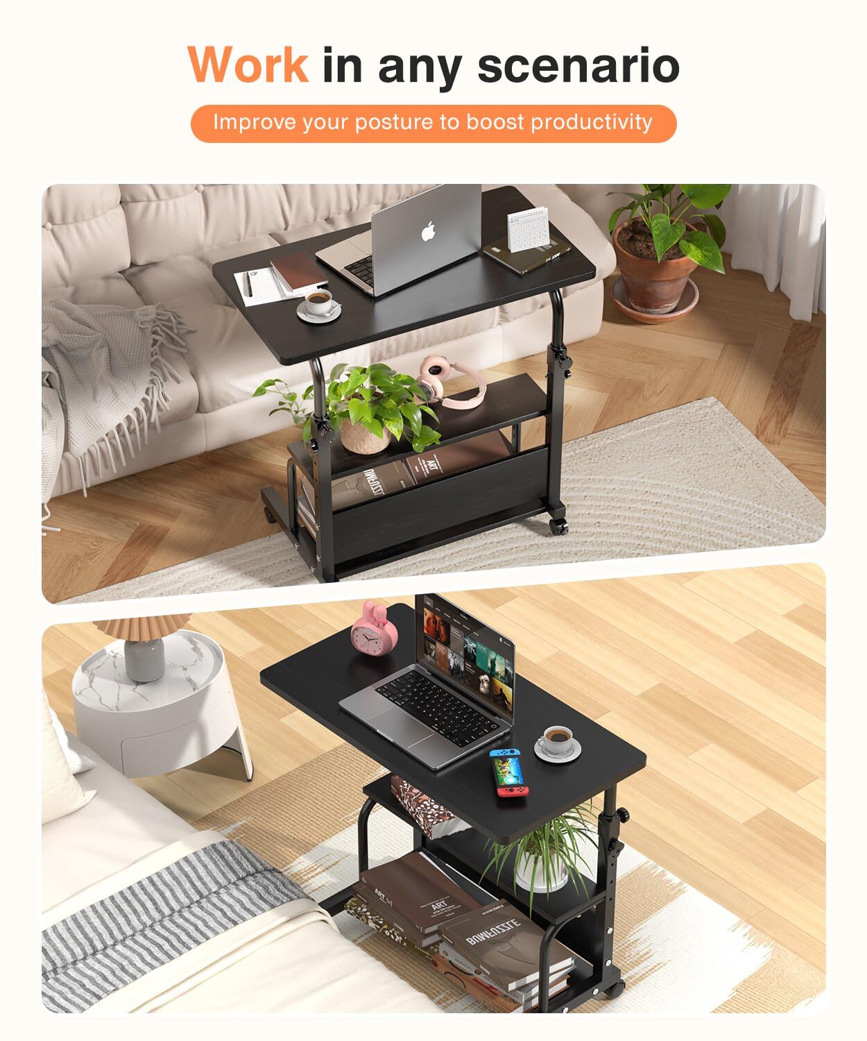 QZMDSM adjustable height desk side profile shows 28–36.4 inch range for ergonomic setups.