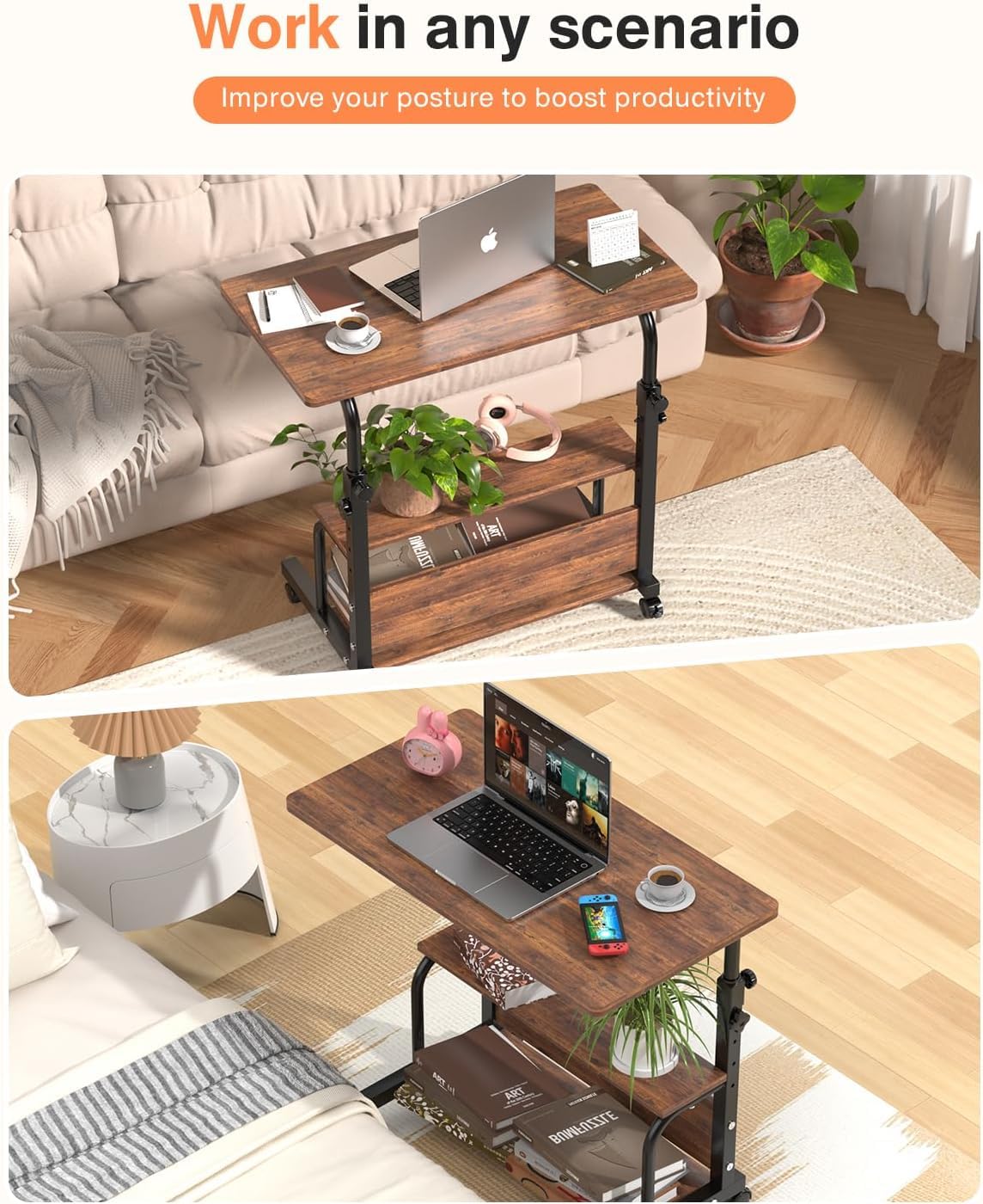 QZMDSM mobile desk with rollers for effortless repositioning.