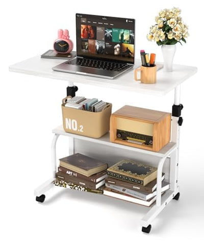 QZMDSM portable desk on wheels, front view with storage shelves for small spaces.