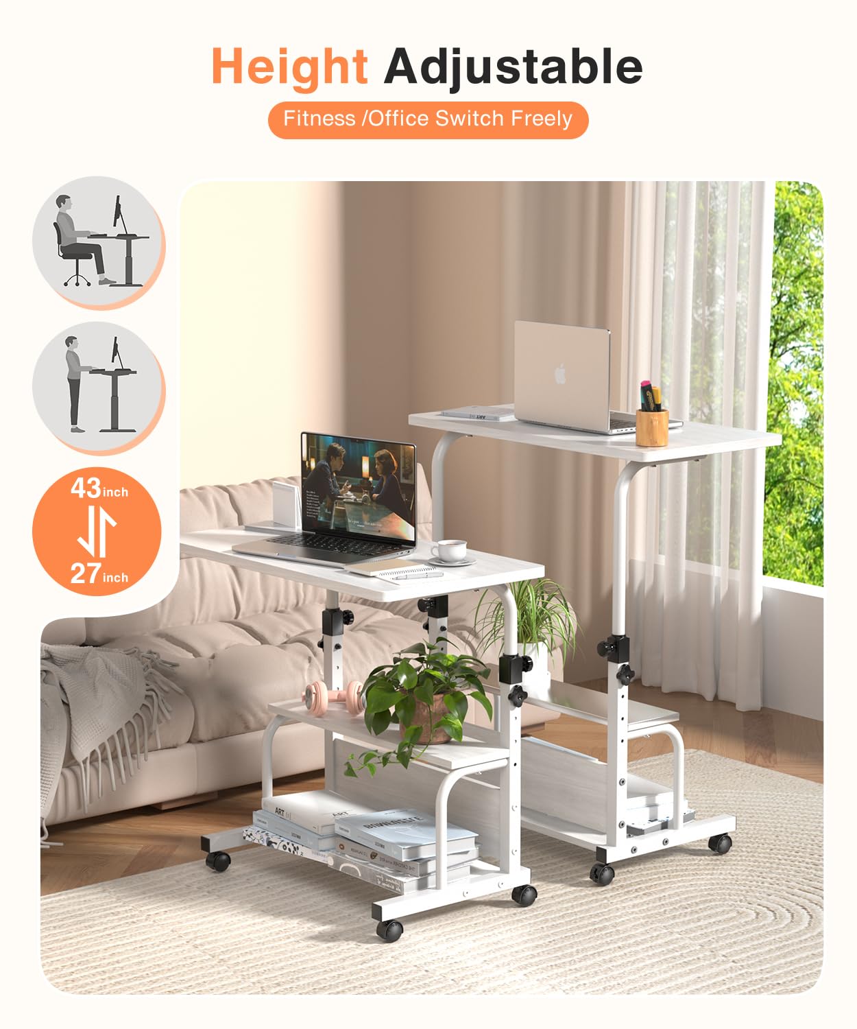 QZMDSM rolling desk being moved across floor, easy relocation in home office.