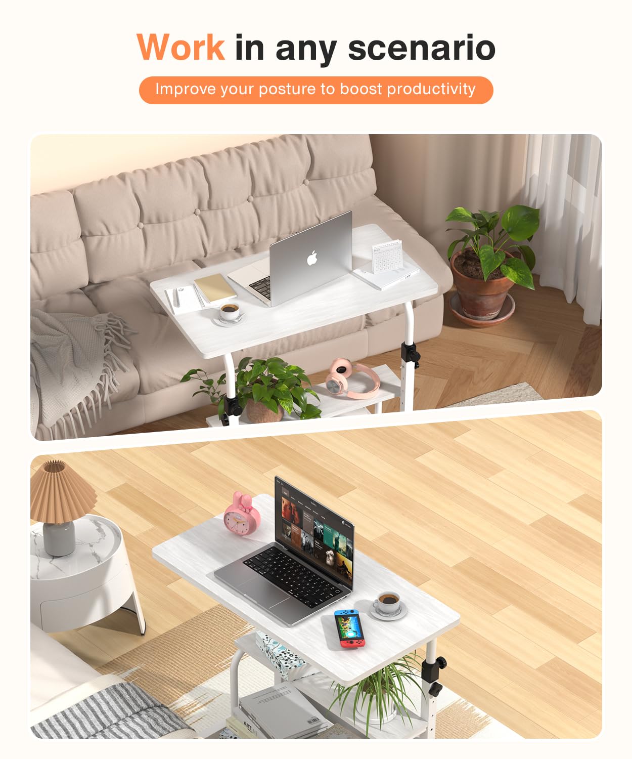 QZMDSM adjustable-height portable desk on wheels, side view showing height range 28–35.4 inches.