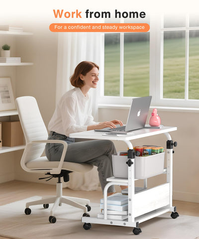 QZMDSM compact rolling desk in white, ideal for clutter-free home office setups.