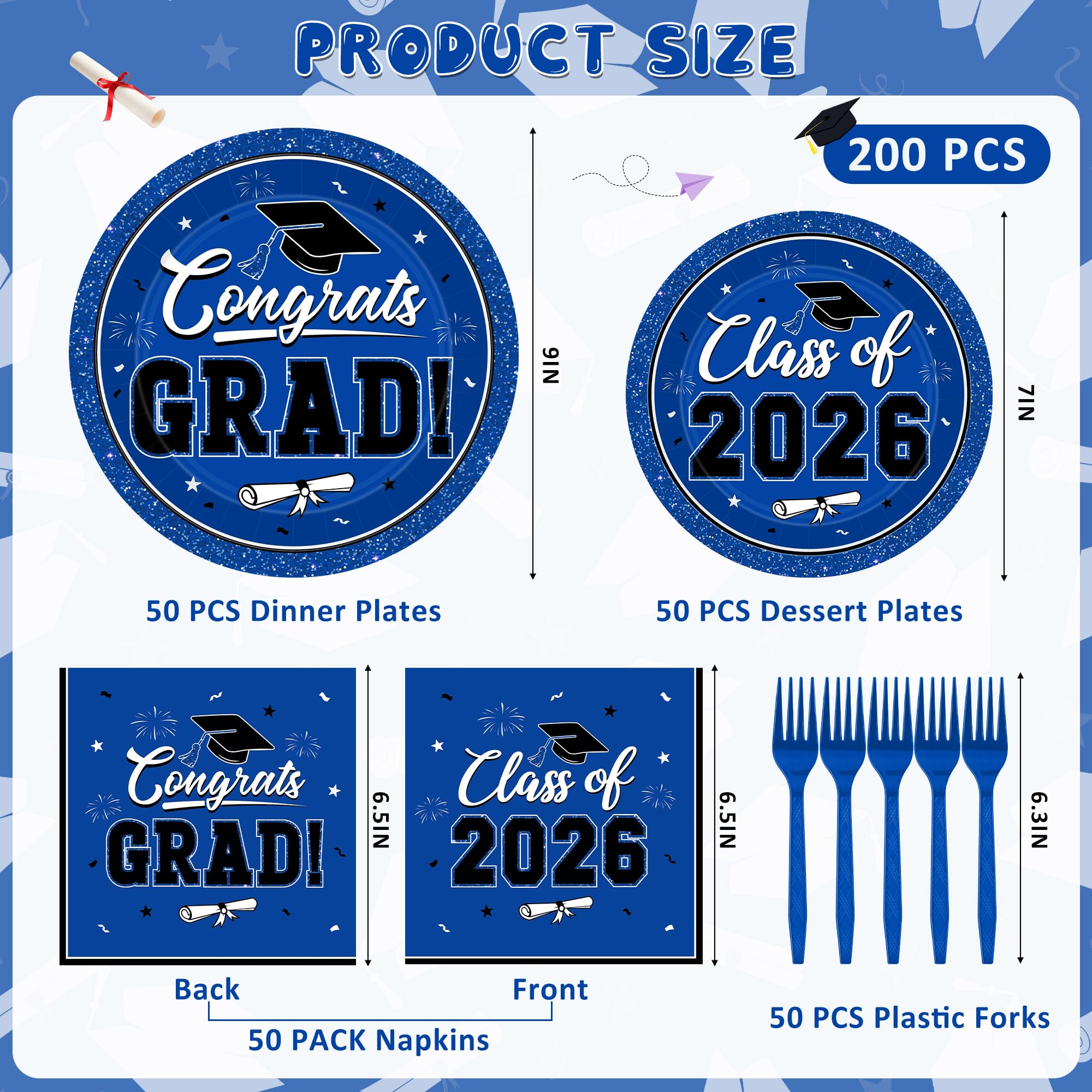 QZYL blue graduation dessert plates 7-inch ideal for sweets and appetizers