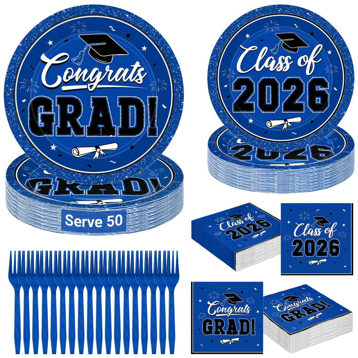 QZYL blue graduation plates 9-inch for easy serving at a 50-guest party