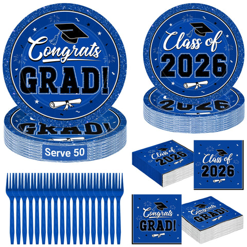 QZYL blue graduation plates 9-inch for easy serving at a 50-guest party