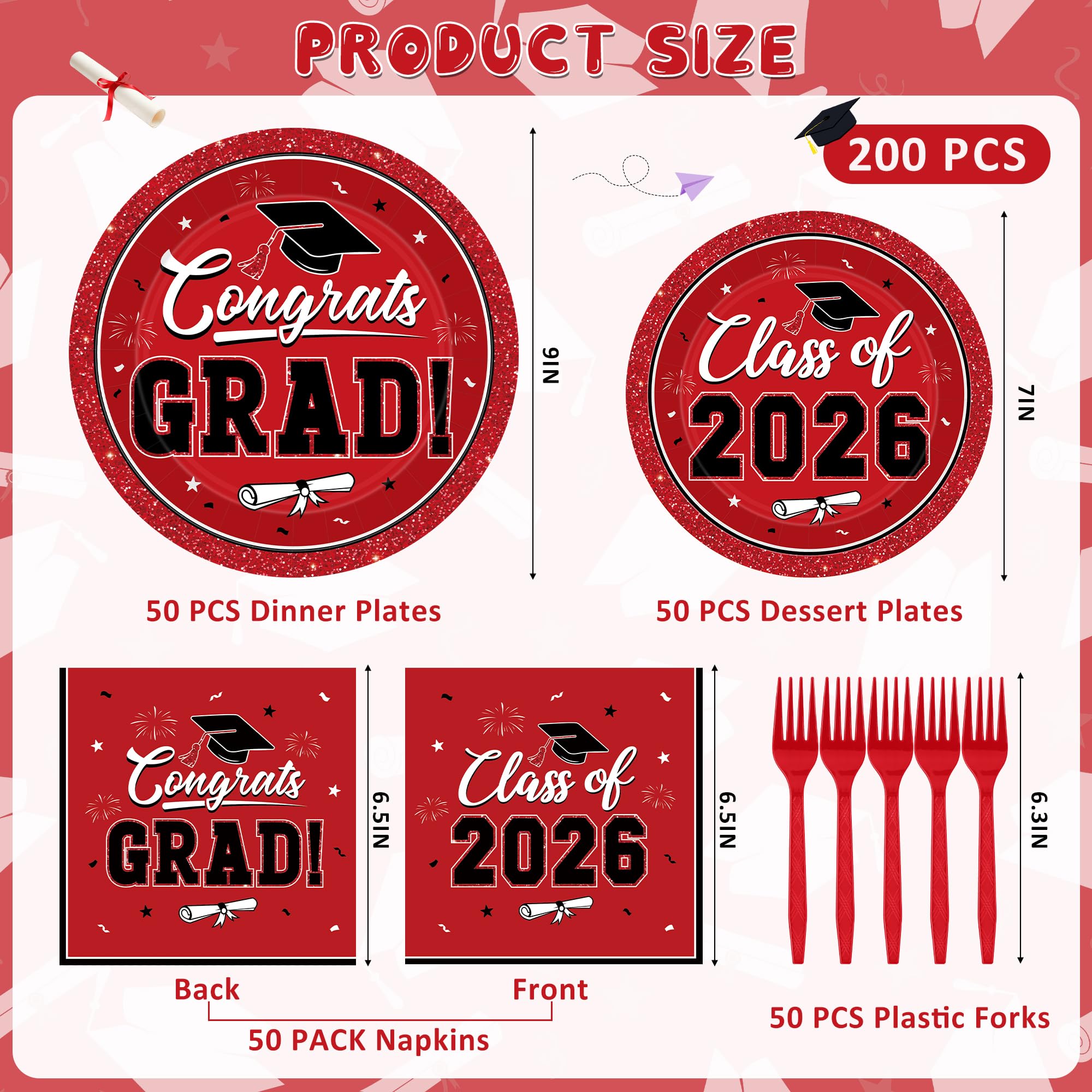 QZYL graduation dessert plates 7-inch red design for elegant 2026 celebrations
