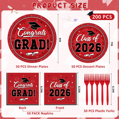 QZYL graduation dessert plates 7-inch red design for elegant 2026 celebrations