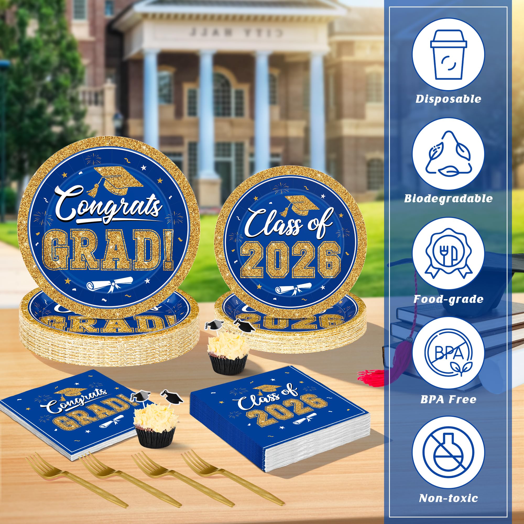 QZYL graduation forks blue and gold 6.3-inch sturdy disposable cutlery