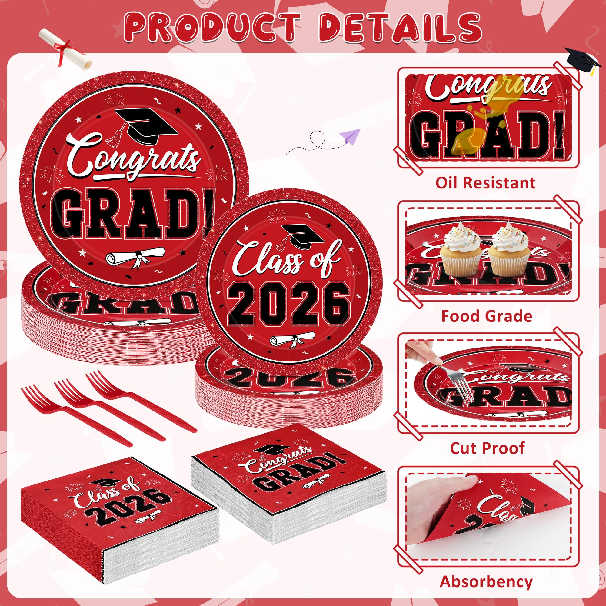 QZYL graduation napkins 6.5-inch red, absorbent and coordinated with plates