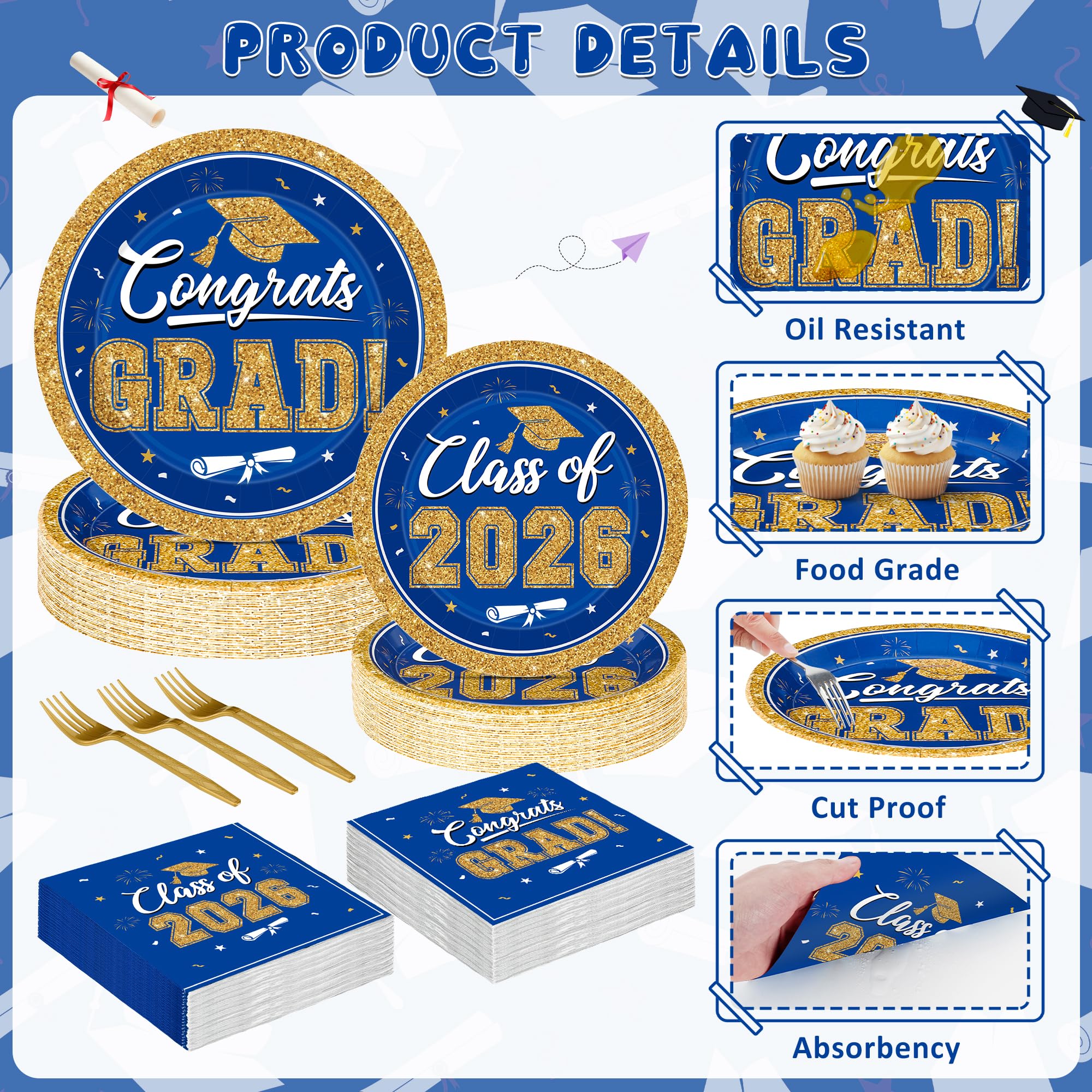 QZYL graduation napkins blue and gold 6.5-inch convenient party essentials