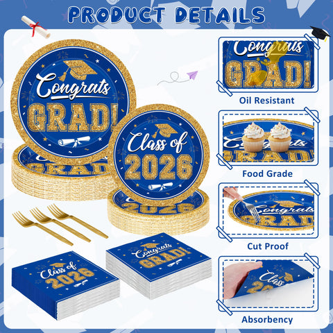 QZYL graduation napkins blue and gold 6.5-inch convenient party essentials