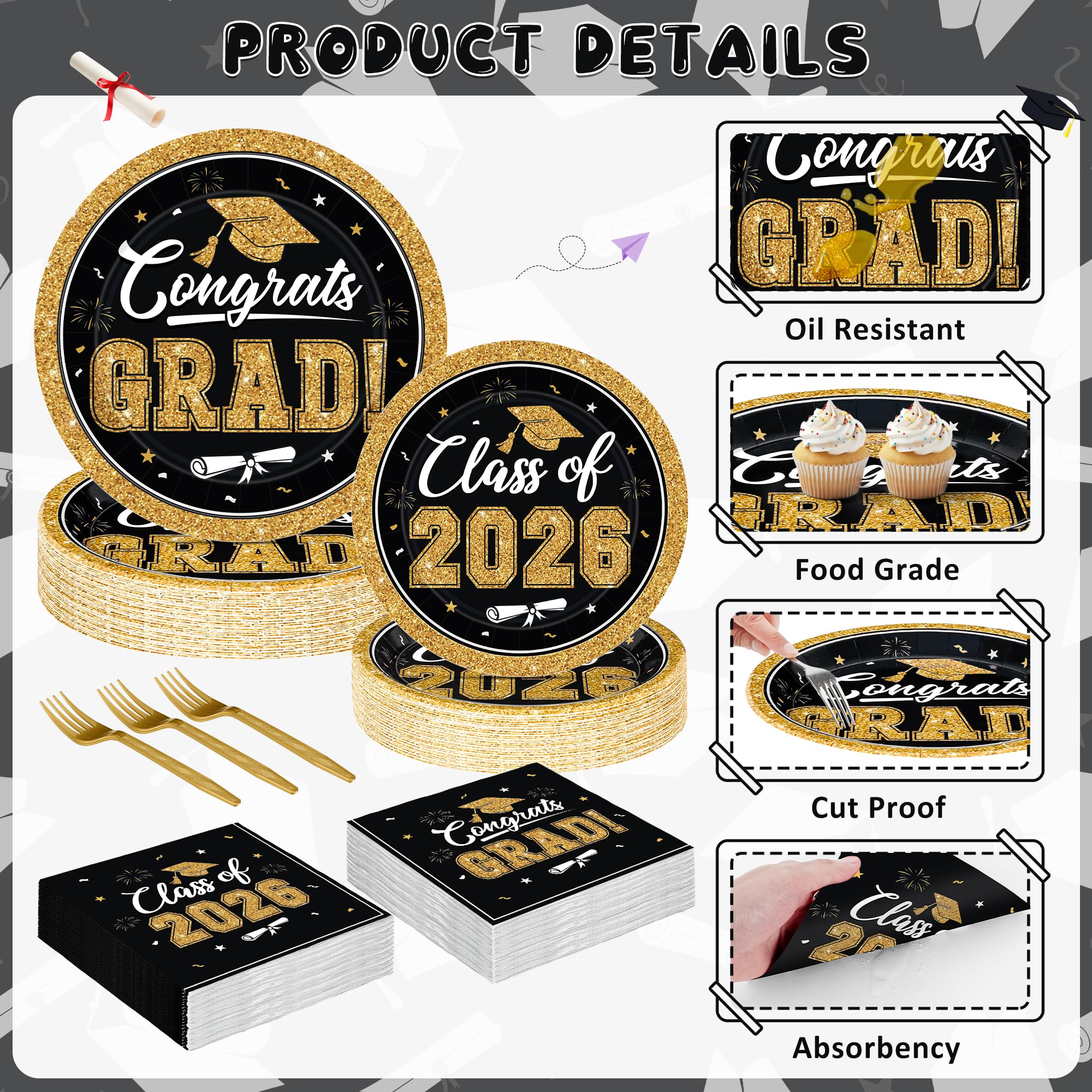 QZYL graduation napkins 6.5-inch complement plates and forks for easy cleanup.