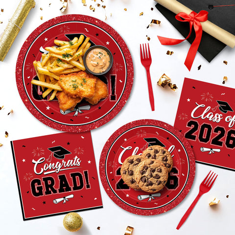 QZYL graduation party scene with red theme and coordinated tableware