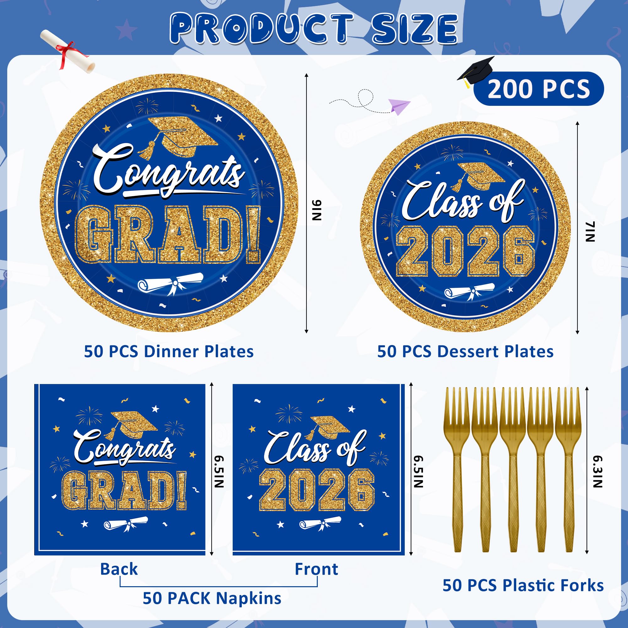 QZYL graduation dessert plates blue and gold 7-inch for stylish servings