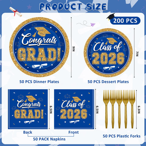 QZYL graduation dessert plates blue and gold 7-inch for stylish servings