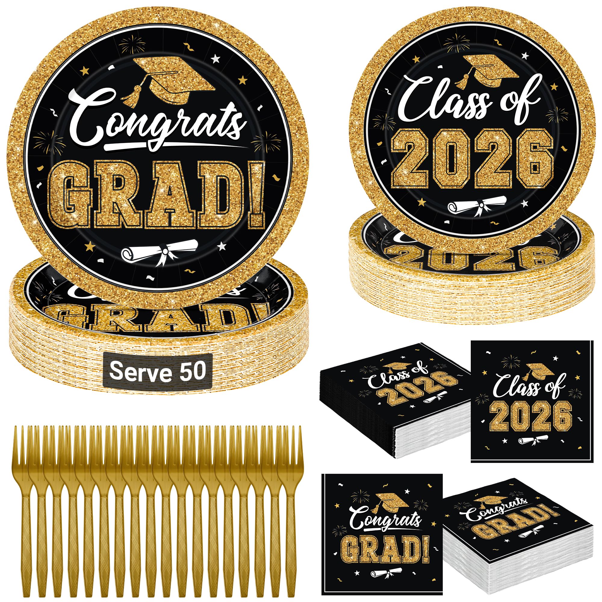 QZYL graduation 9-inch plates in black and gold for an elegant party service.