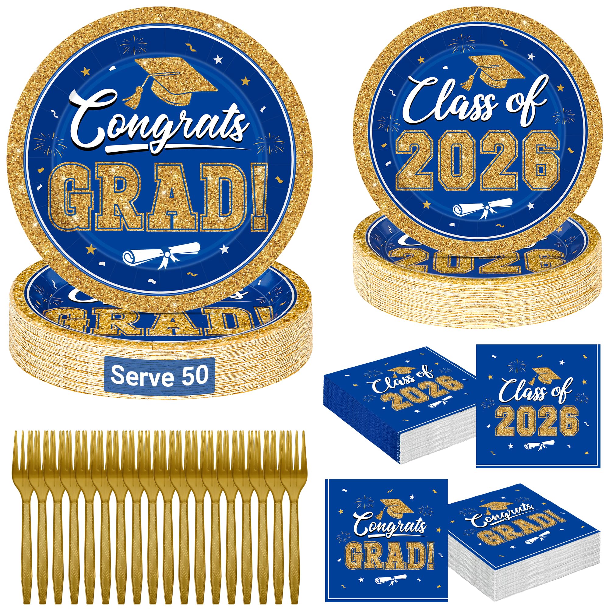 QZYL graduation plates blue and gold 9-inch dinner for elegant table decor