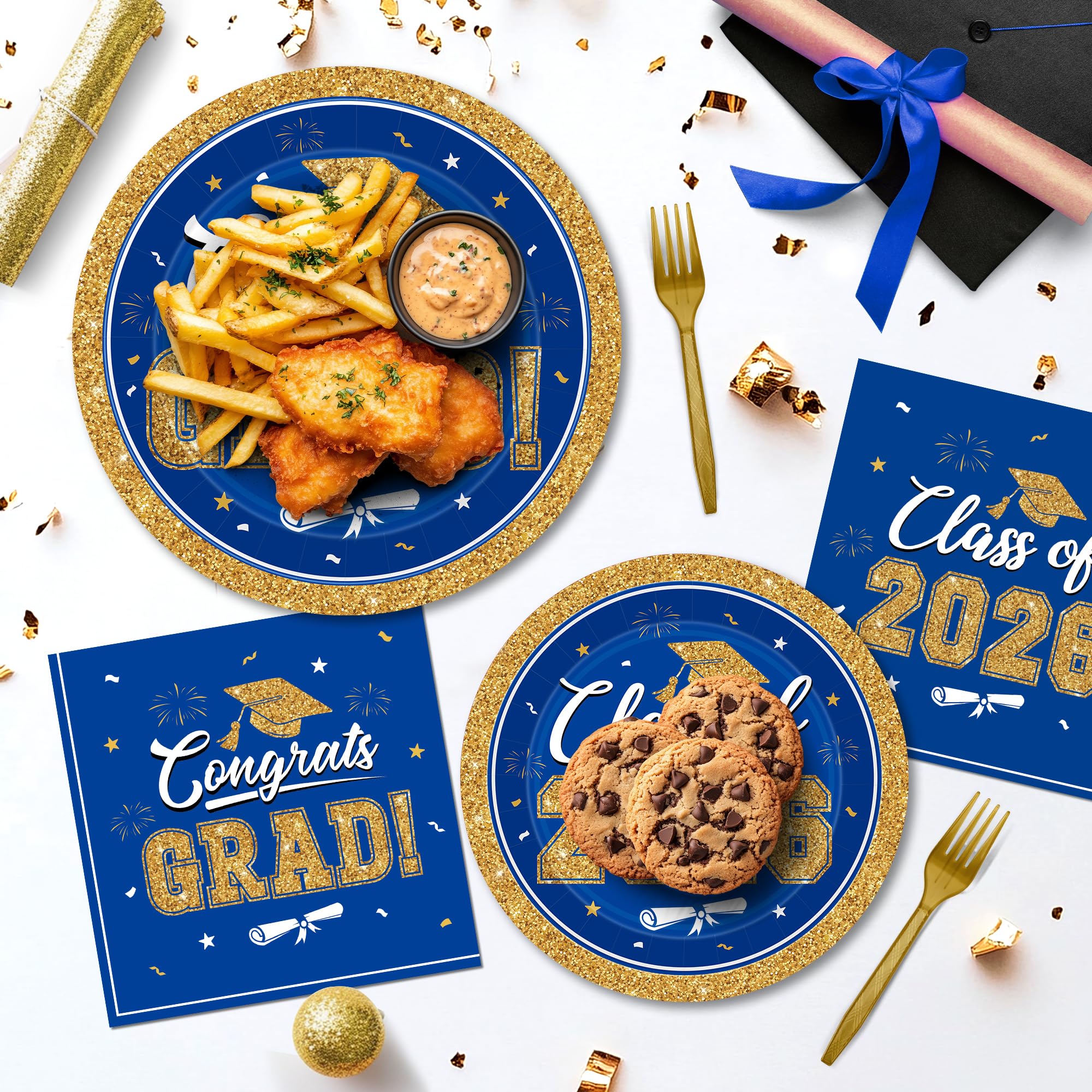 QZYL graduation table decor blue-gold confetti design enhances 2026 ambiance