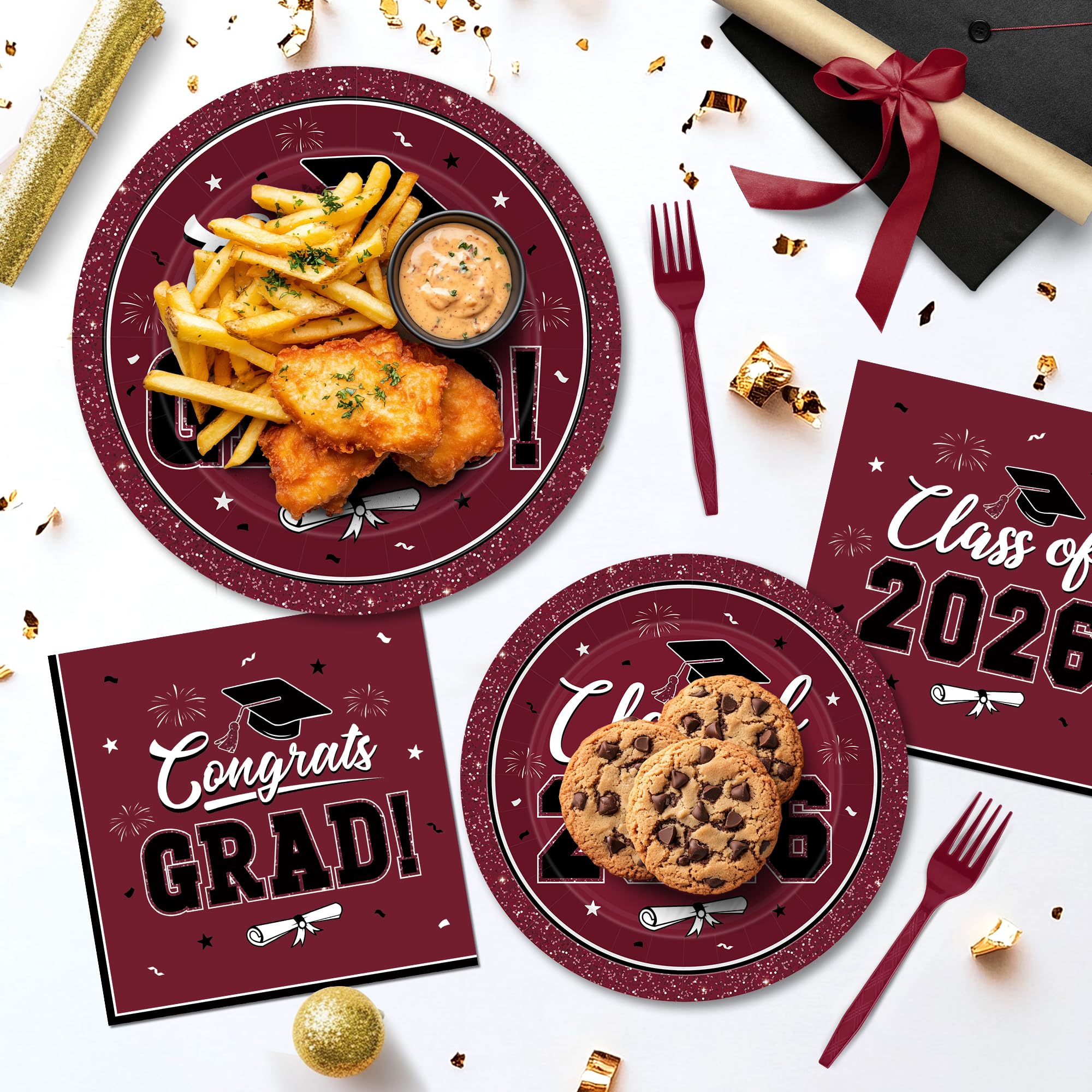QZYL burgundy graduation theme accents caps, scrolls, and confetti for decor.