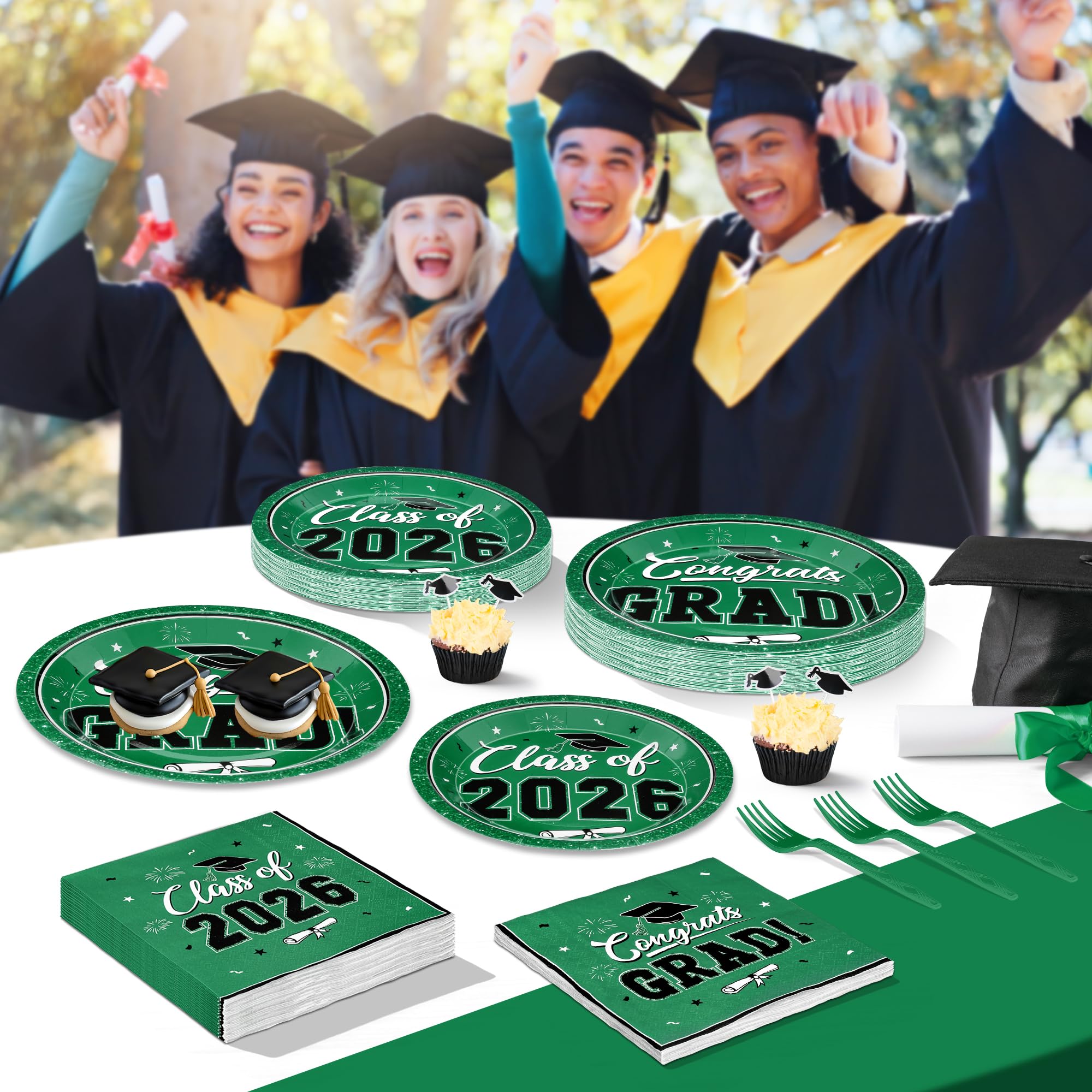 QZYL green 2026 theme design with caps, scrolls and confetti