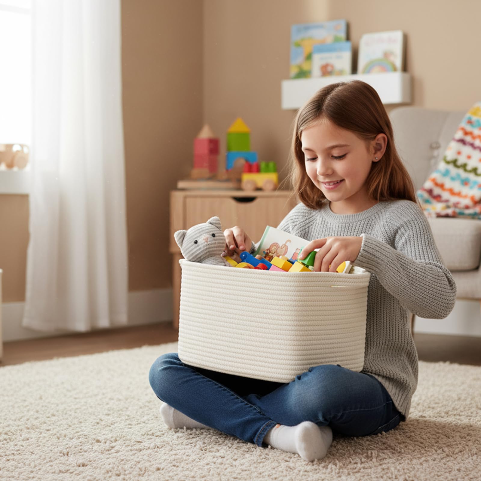 R RUNKA basket on a side table demonstrates versatile living room storage