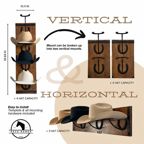 R828 Ranch handmade horseshoe mounts add rustic charm while suspending hats.