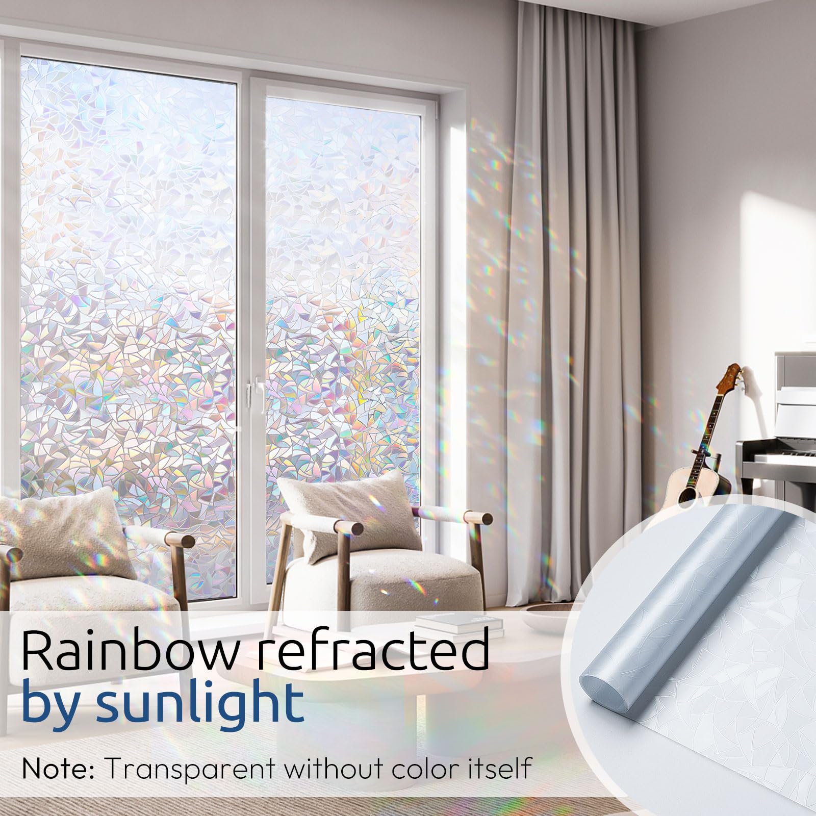 Rabbitgoo 3D-laser rainbow effect on window film enhances sunlight colors.